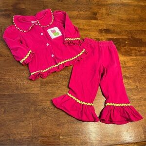 Kids pink Pajama Set with Green Trim sticking smocked ruffle size 12 months